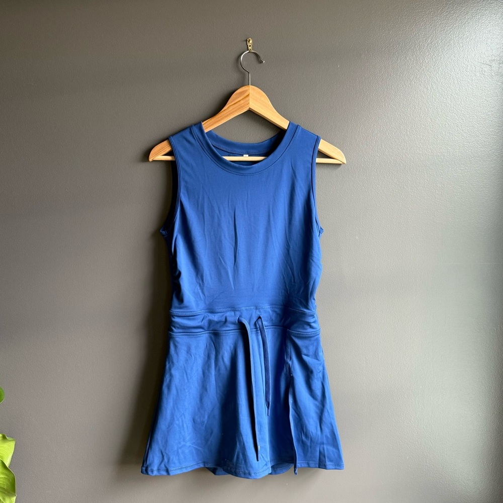 Women Bright Blue Tennis Dress with Biker Shorts, Open Back and Drawstring Waist
